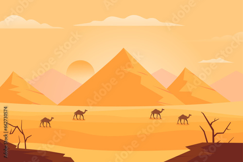 pyramids egypt Desert with caravan of camels landscape background