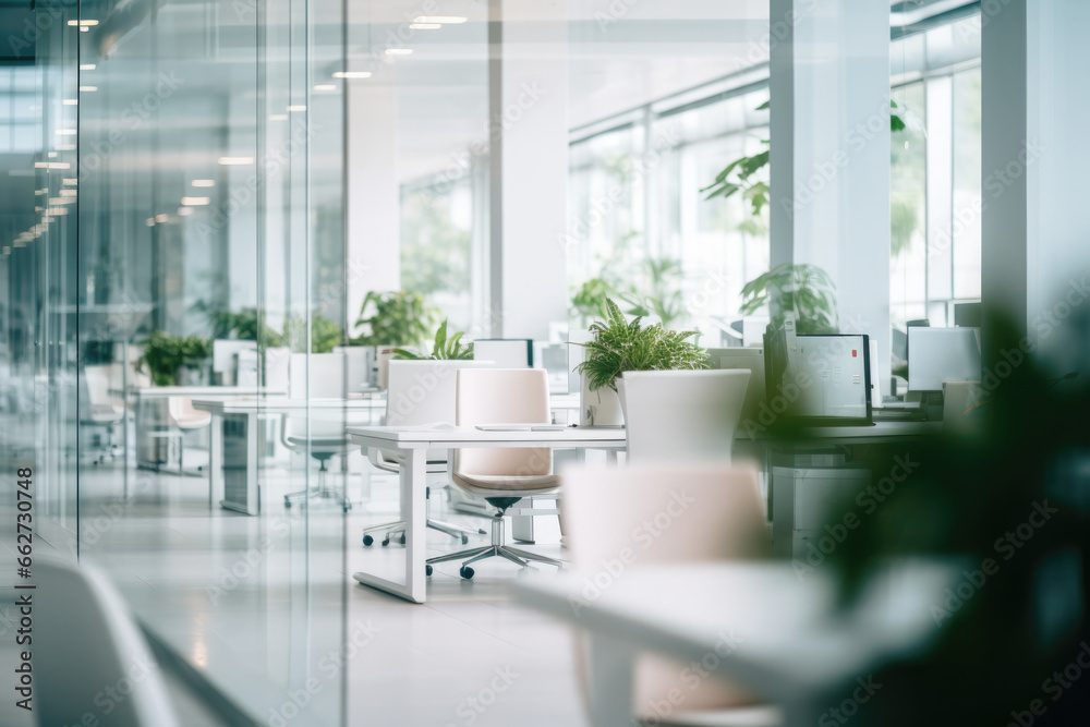 Business modern office with many glass walls and white chairs and furniture Business modern office with many glass walls and white chairs and furniture