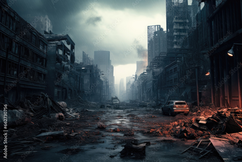 post-apocalyptic streets of a big city with skyscrapers post-apocalyptic streets of a big city with skyscrapers