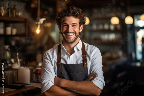 barista smiling in apron in bar or cafe photo