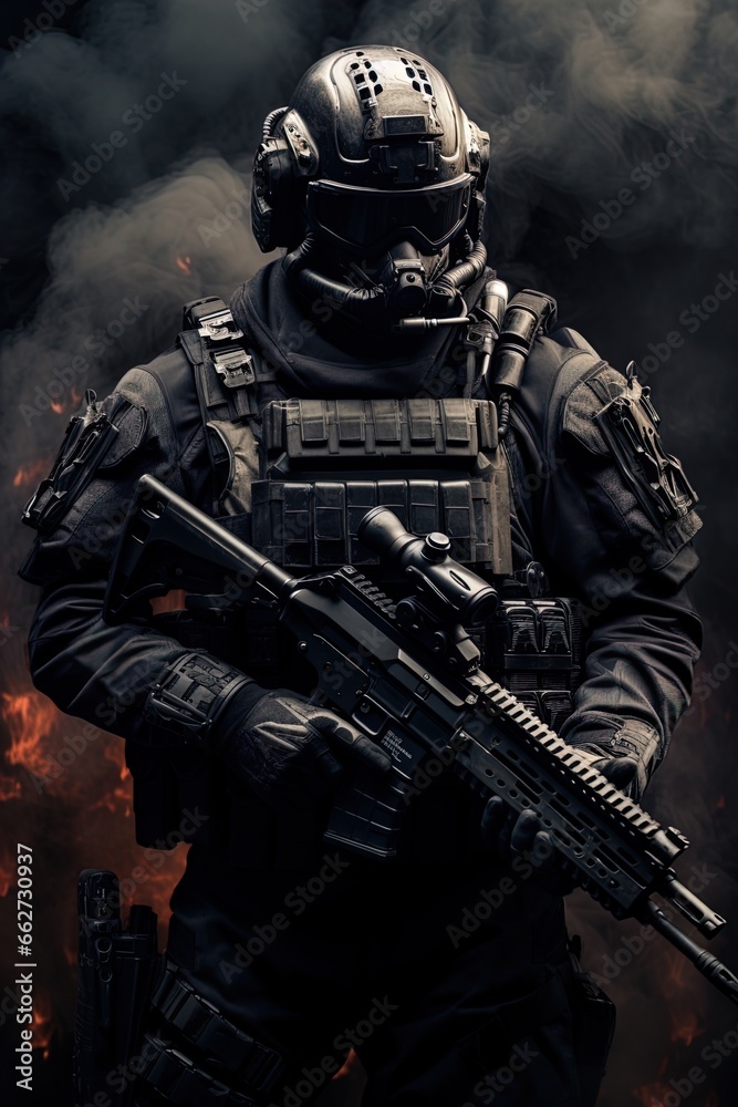 A special forces operator in full combat gear. Dynamic action poster. A special forces operator in full combat gear. Dynamic action poster.