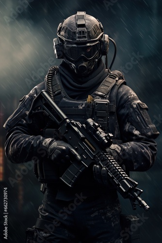 A special forces operator in full combat gear. Dynamic action poster. 