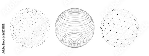 Set of geometric white spheres with connecting dots and lines. Abstract color shapes with noise effect on white background. Vector illustration.