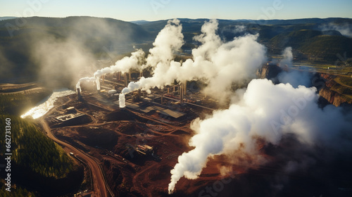 Geothermal Power: Steam rising from geothermal power plants built near natural hot springs.