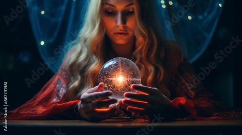 The Seer's Radiance: Mystic Holding an Illuminated Crystal Ball, Generative AI photo
