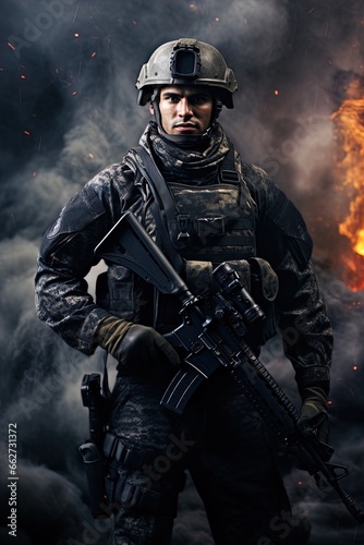 A special forces operator in full combat gear. Dynamic action poster. 