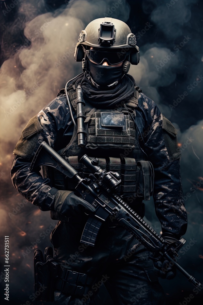 A special forces operator in full combat gear. Dynamic action poster. A special forces operator in full combat gear. Dynamic action poster.