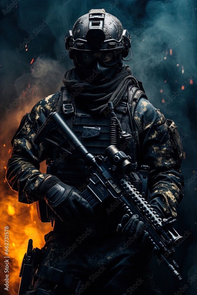 A special forces operator in full combat gear. Dynamic action poster. A special forces operator in full combat gear. Dynamic action poster.