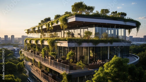 Green Roof: A city building with a lush green roof garden, offering insulation and energy efficiency.