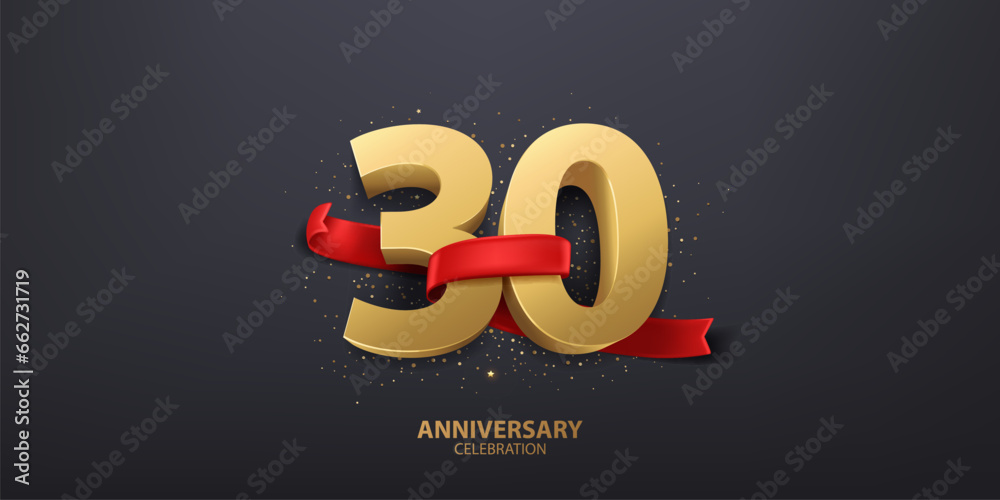 30th Year anniversary celebration background. 3D Golden number wrapped with red ribbon and confetti, isolated on dark background. - obrazy, fototapety, plakaty 