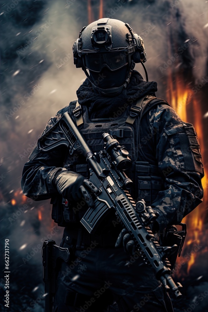 A special forces operator in full combat gear. Dynamic action poster. 