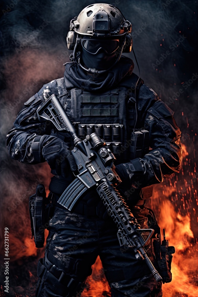 A special forces operator in full combat gear. Dynamic action poster. 