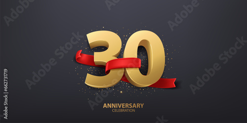 30th Year anniversary celebration background. 3D Golden number wrapped with red ribbon and confetti, isolated on dark background.