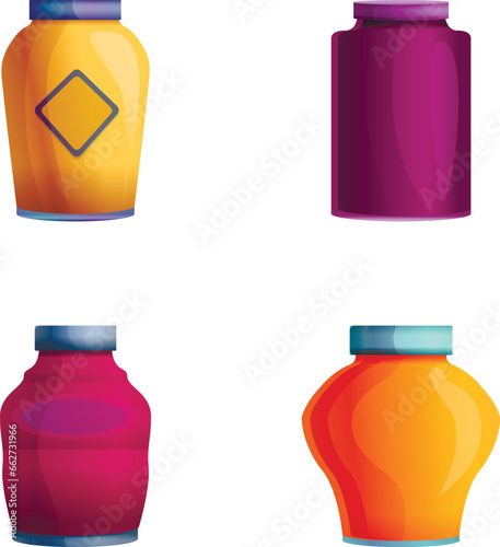 Fruit jam icons set cartoon vector. Homemade fruit jam. Canned food