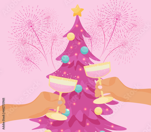 Celebrate New Year and Christmas. two hands holding glasses near Pink Christmas tree, Pink fireworks. Vector illustration. Pink postcard.