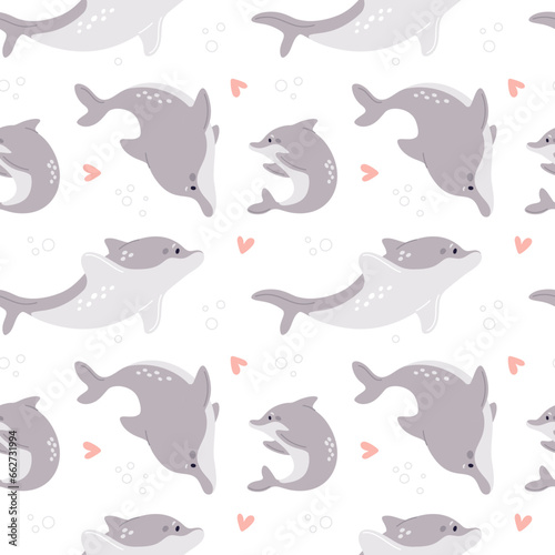 Cartoon dolphins seamless pattern. Cute marine animals. Different poses. Smart funny inhabitants of seas and oceans. Aquatic mammals swimming. Underwater fauna. Garish vector backdrop