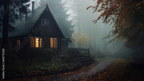 Old wooden house in the autumn forest with a path in the fog