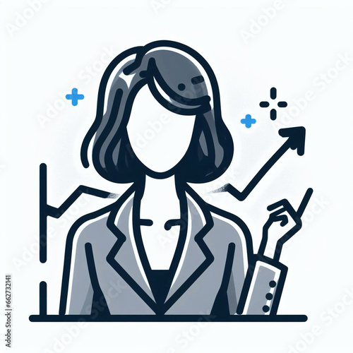 Simple Flat Illustration, girl on white background, business woman, businessman, businesswoman, office work, digital art, investor woman concept, cryptocurrency investing, high quality. Generative AI.