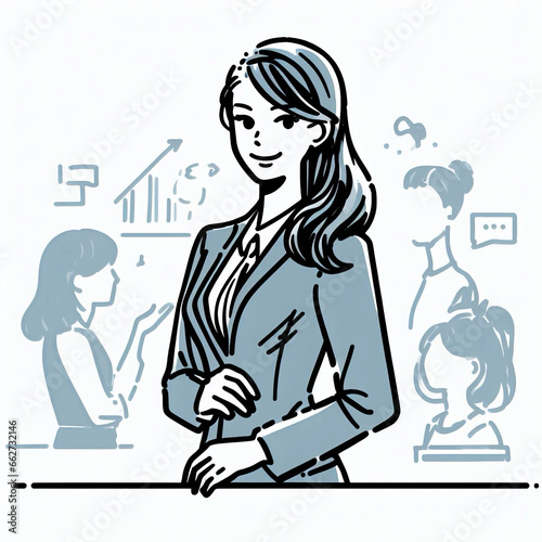 Simple Flat Illustration, girl on white background, business woman, businessman, businesswoman, office work, digital art, investor woman concept, cryptocurrency investing, high quality. Generative AI.