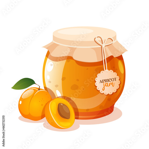 Apricot jam in a glass jar with fresh apricot fruit 
