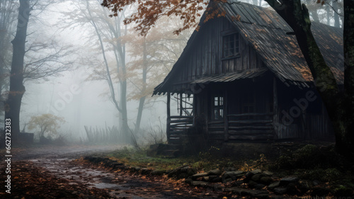 Old wooden house in the autumn forest with fog in the background.