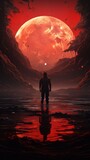 Man standing shore under full red moon wallpaper image Ai generated art