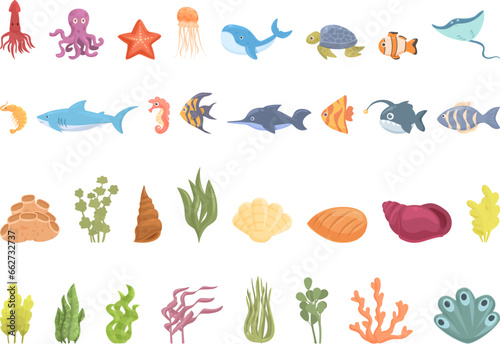 Seabed icons set cartoon vector. Wild marine. Underwater animals