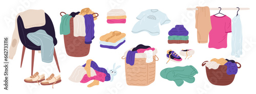 Clothes in piles and stacks. Laundry baskets with t-shirts, panties and blouses. Cartoon casual wear. Domestic preparation for washing. Jeans and coats in wardrobe. Garish vector set