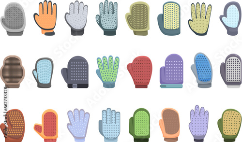 Cat Grooming Glove icons set cartoon vector. Groomer love pet. Healthy hand
