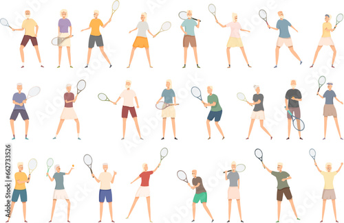 Elderly people playing tennis icons set cartoon vector. Old sport game. Senior person