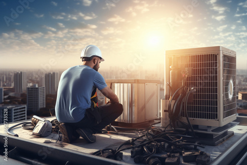 Air conditioning, technician or engineer on roof for maintenance, building or construction of fan hvac repair, Air conditioner, handyman or worker with tools working on a city development project job photo
