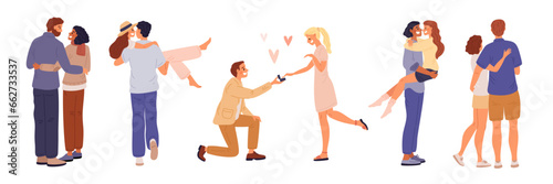 Couples in love. Romantic relationships. Wedding propose. Happy people embrace. Lovers and sweethearts. Cartoon men and women hugging. Girlfriend and boyfriend dating. Garish vector set