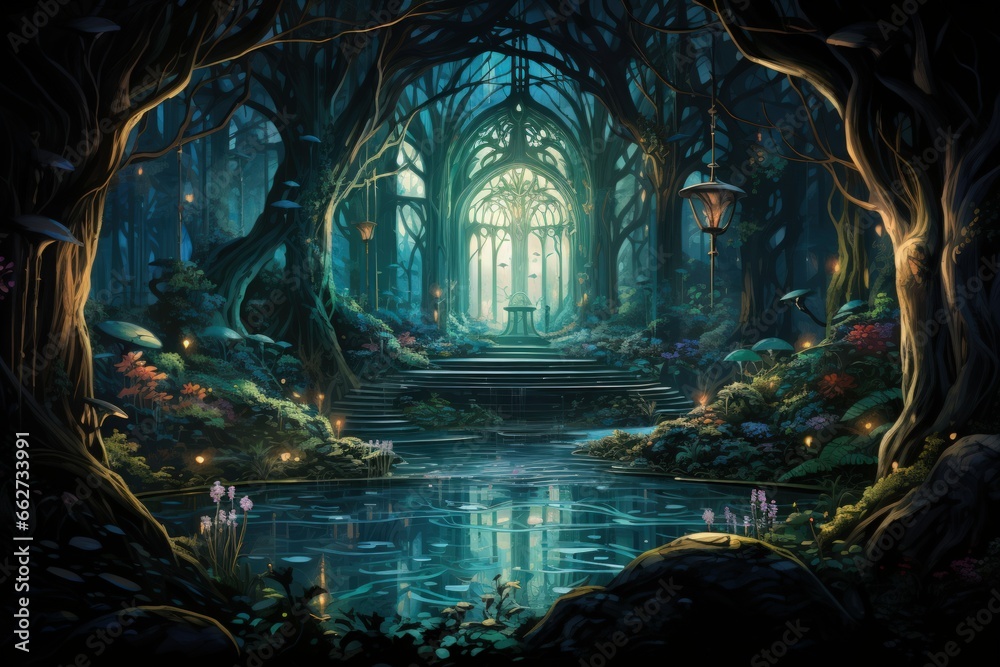Obraz premium Enchanted song fountains, harmonizing with nature's melodies and creating enchanting displays - Generative AI