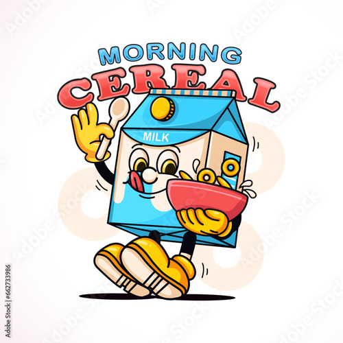 Milk box character eating cereal. Suitable for logos, mascots, t-shirts, stickers and posters