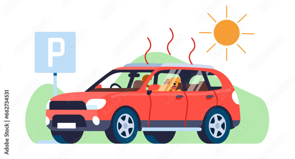 Obraz premium Dog in parked car is at risk of heat stroke. Hot temperature. Owner leaving puppy in automobile. Pets safety. Panting mammal in overheated vehicle. Abuse of domestic animal. Vector concept
