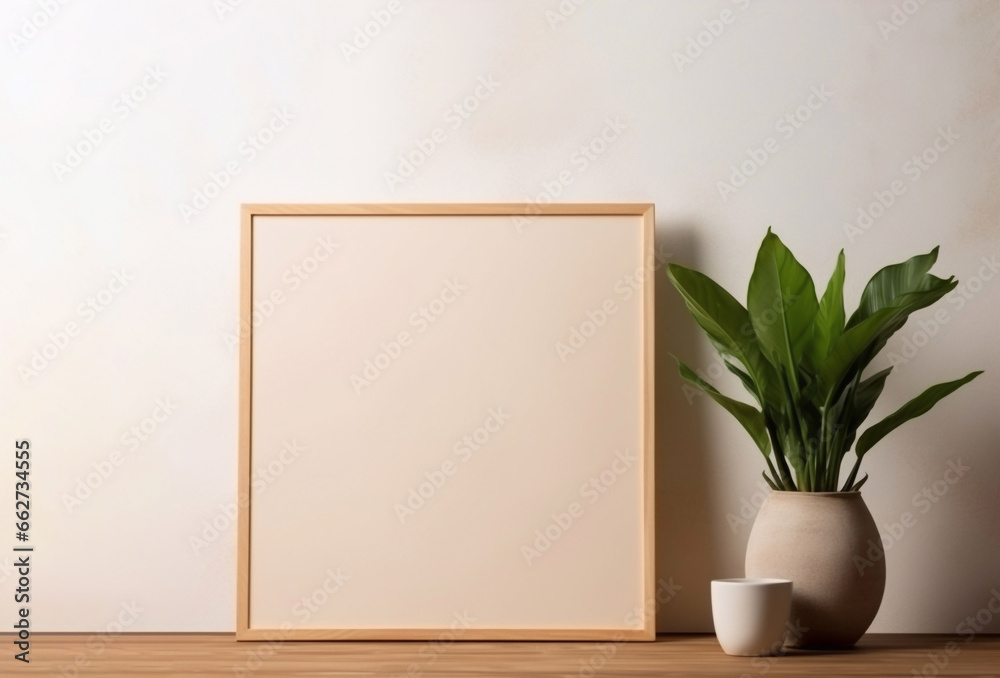 Small vertical wooden frame mockup in scandi style interior with trailing green plant in pot Small vertical wooden frame mockup in scandi style interior with trailing green plant in pot
