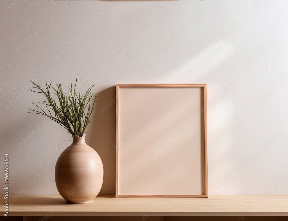 Small vertical wooden frame mockup in scandi style interior with trailing green plant in pot Small vertical wooden frame mockup in scandi style interior with trailing green plant in pot