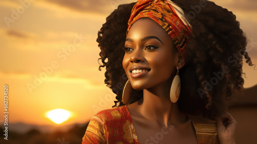 Pretty African American woman in countryside setting at sundown