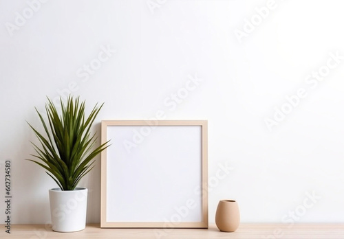 Small vertical wooden frame mockup in scandi style interior with trailing green plant in pot
