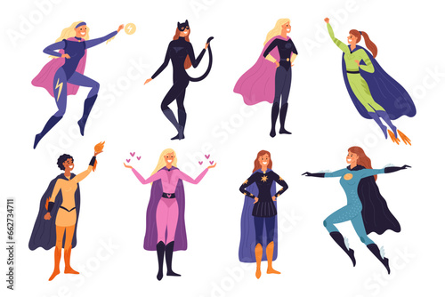 Female superhero. Comic characters. Wonder women in fantasy costumes. Strong and power girls. Fluttering cloak and mask. Hero mascots. Standing and flying heroines. Garish vector set