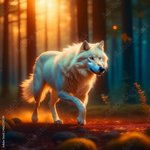 White wolf in the forest at sunset. © 0635925410
