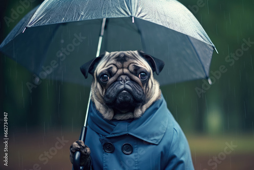 Sad pug dog as a man under umbrella during the rain walking by city park. Dressed in blue cloak.