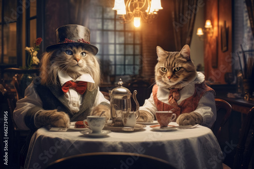 Couple of cats in elegant clothes sits at table and have a romantic dinner