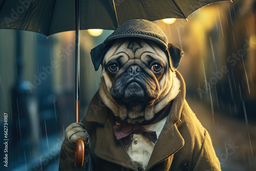 Pug dog as a sad man under umbrella during the rain walking by evening city street. Dressed in coat and hat.
