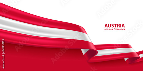 Austria 3D ribbon flag. Bent waving 3D flag in colors of the Austria national flag. National flag background design.