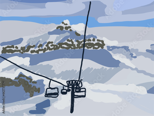 ski lift in the mountains, abstract drawing of Glacier 3000, Switzerland