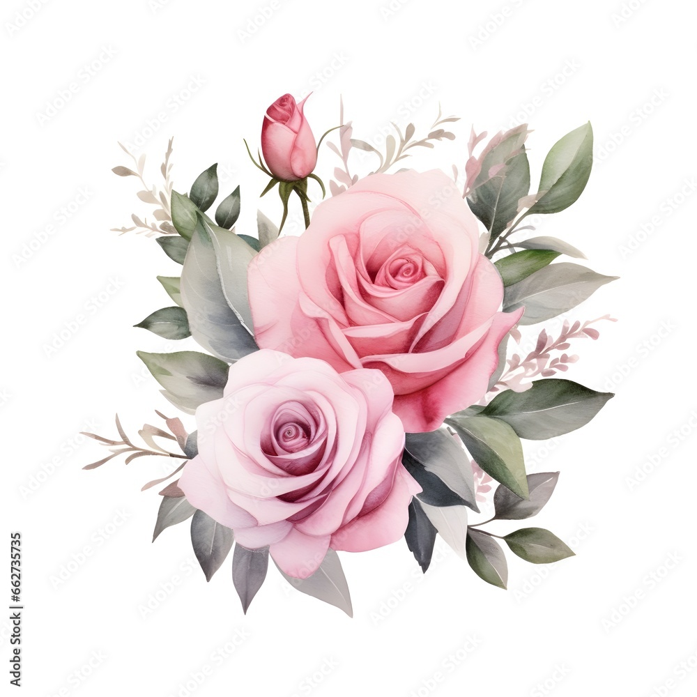 Watercolor painting of pink flowers, roses on a white background. For designing wedding cards, posters, congratulations cards. Watercolor painting of pink flowers, roses on a white background. For designing wedding cards, posters, congratulations cards.