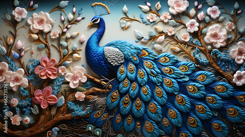 fabric stumpwork embroidery of peacock 