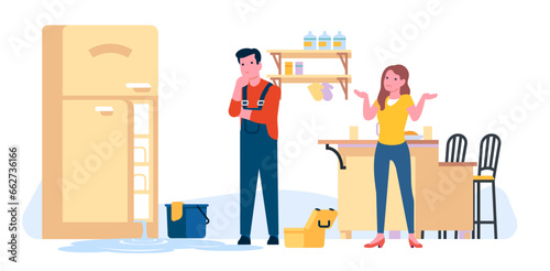 Hostess and repairman in home kitchen by broken refrigerator. Household appliance. Electrical fridge flood. Water leaking. Repair service workman. Confused handyman. Vector concept