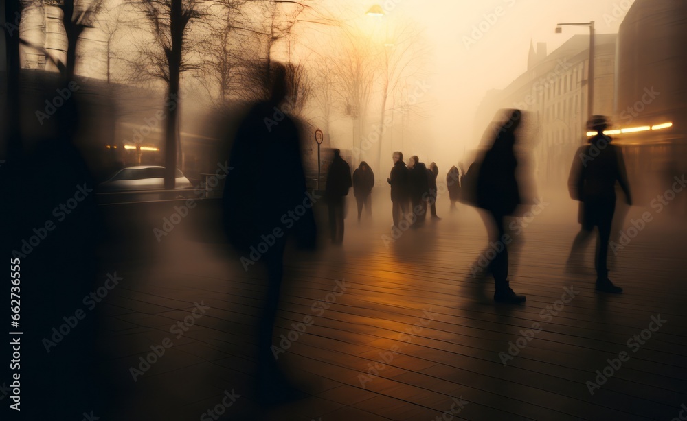 Blurred silhouettes of people moving in crowded night city street